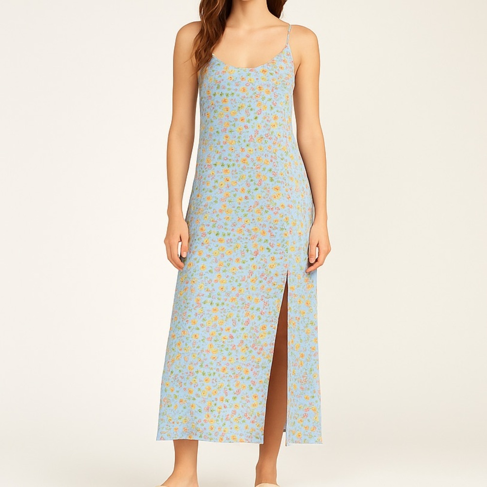 Billabong Blue Floral Maxi Slip Dress XS Spaghetti Strap Boho Beach